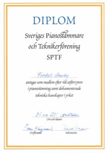 Diplom till Fredrik Almeby för tekniska kunskaper i pianoyrket